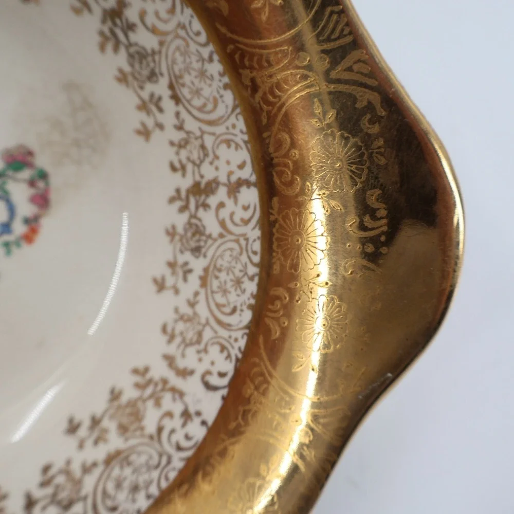 Warranted 22 Karat Gold Encrusted Floral Serving Bowl Vintage Cream 7.25in